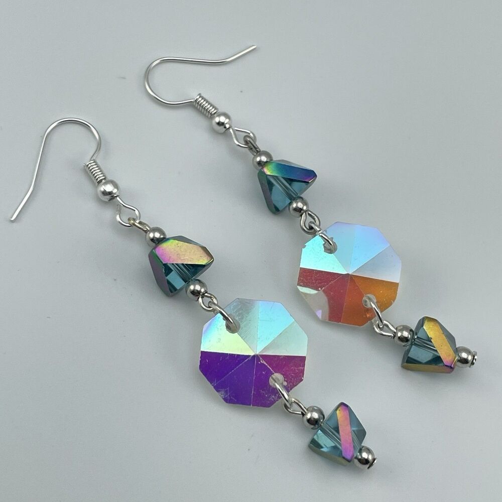 Artisan Handmade Blue White AB Glass Beaded Dangle Earrings Silver Tone
